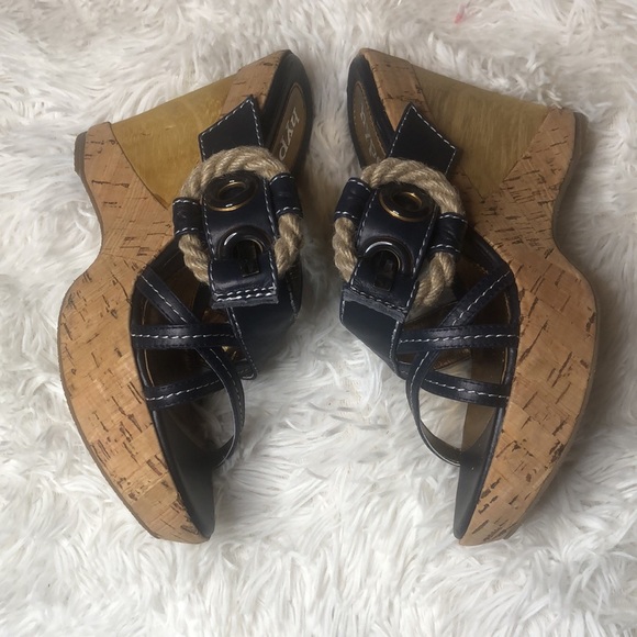 Hype Blue Leather Magnity Espadrille Buckle Slip On Wedge Peep Toe Sandals 7M - Picture 4 of 8